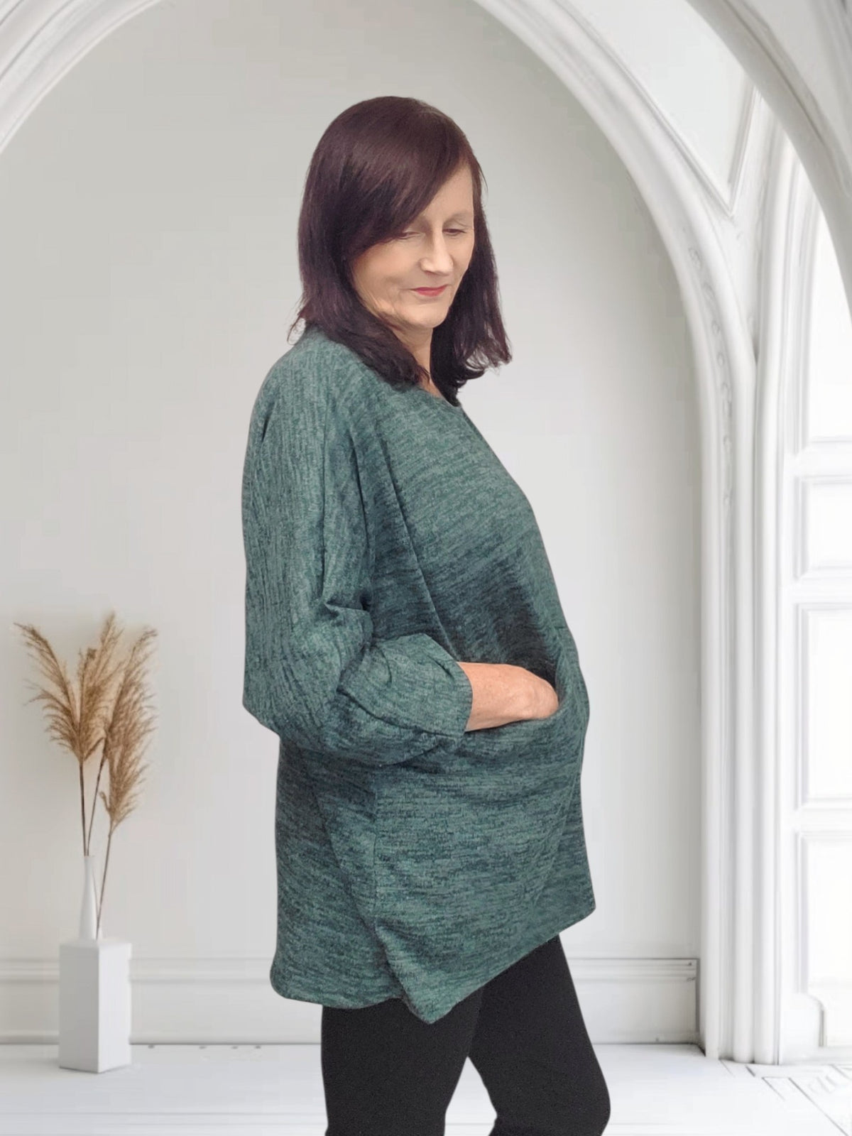 Ladies Marled Long Sleeve Top with Front Pocket- Mil