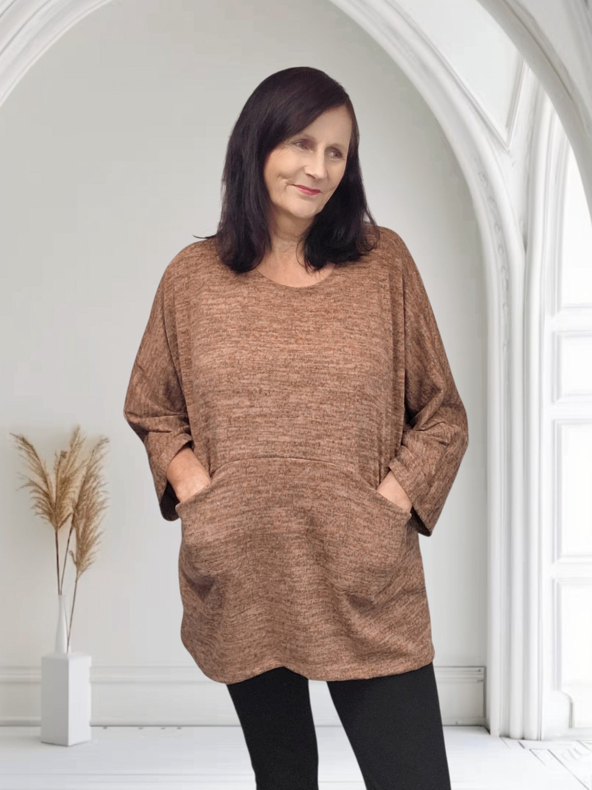 Ladies Marled Long Sleeve Top with Front Pocket- Mil