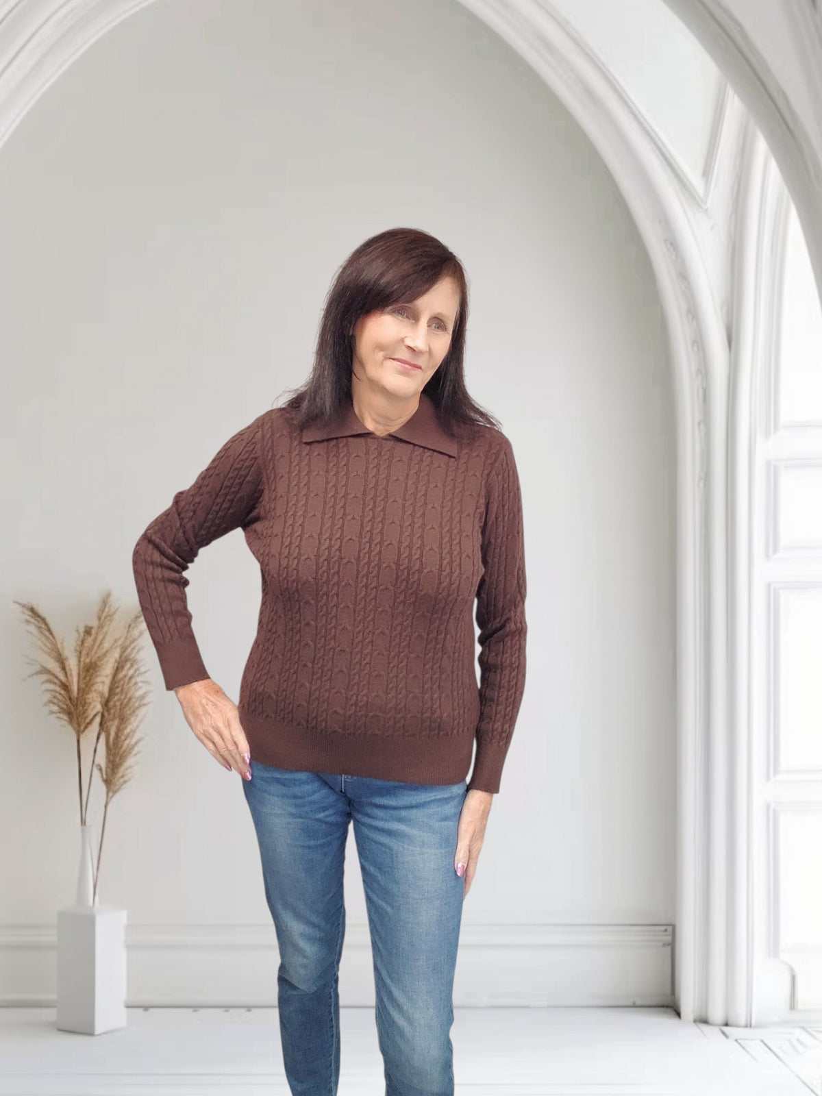 Ladies Cable Knit Round Neck Soft Knit Sweater-Kaza