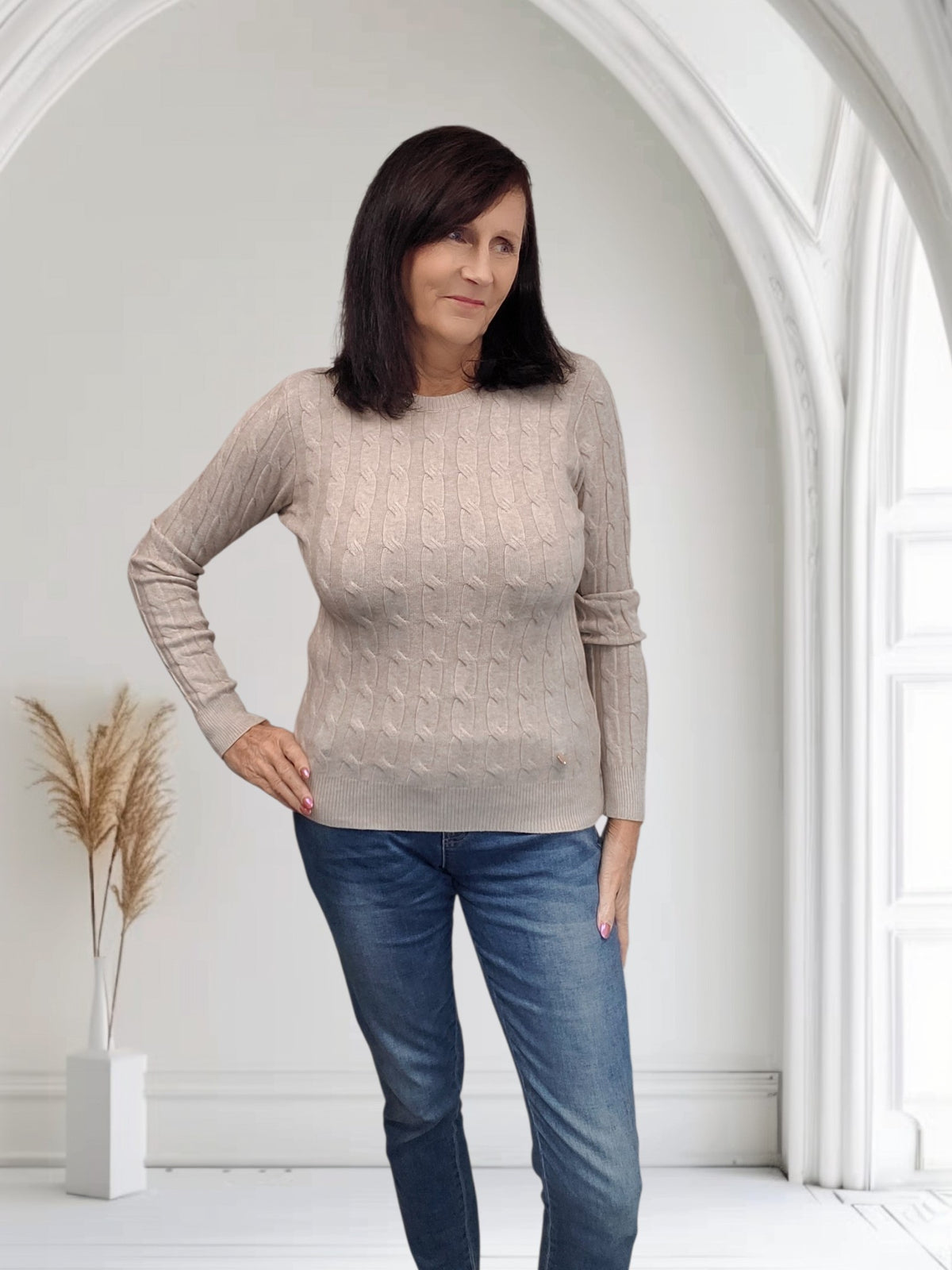 Ladies Cable Knit Round Neck Soft Knit Sweater-Kaza